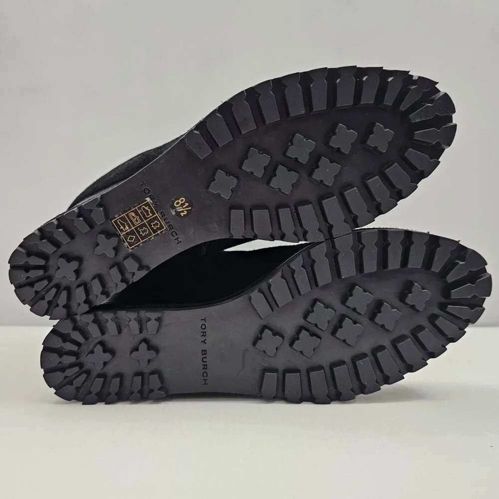 Tory Burch Suede Logo Wedge Ankle Boot Womens 8.5 Black Suede Lug Sole Designer